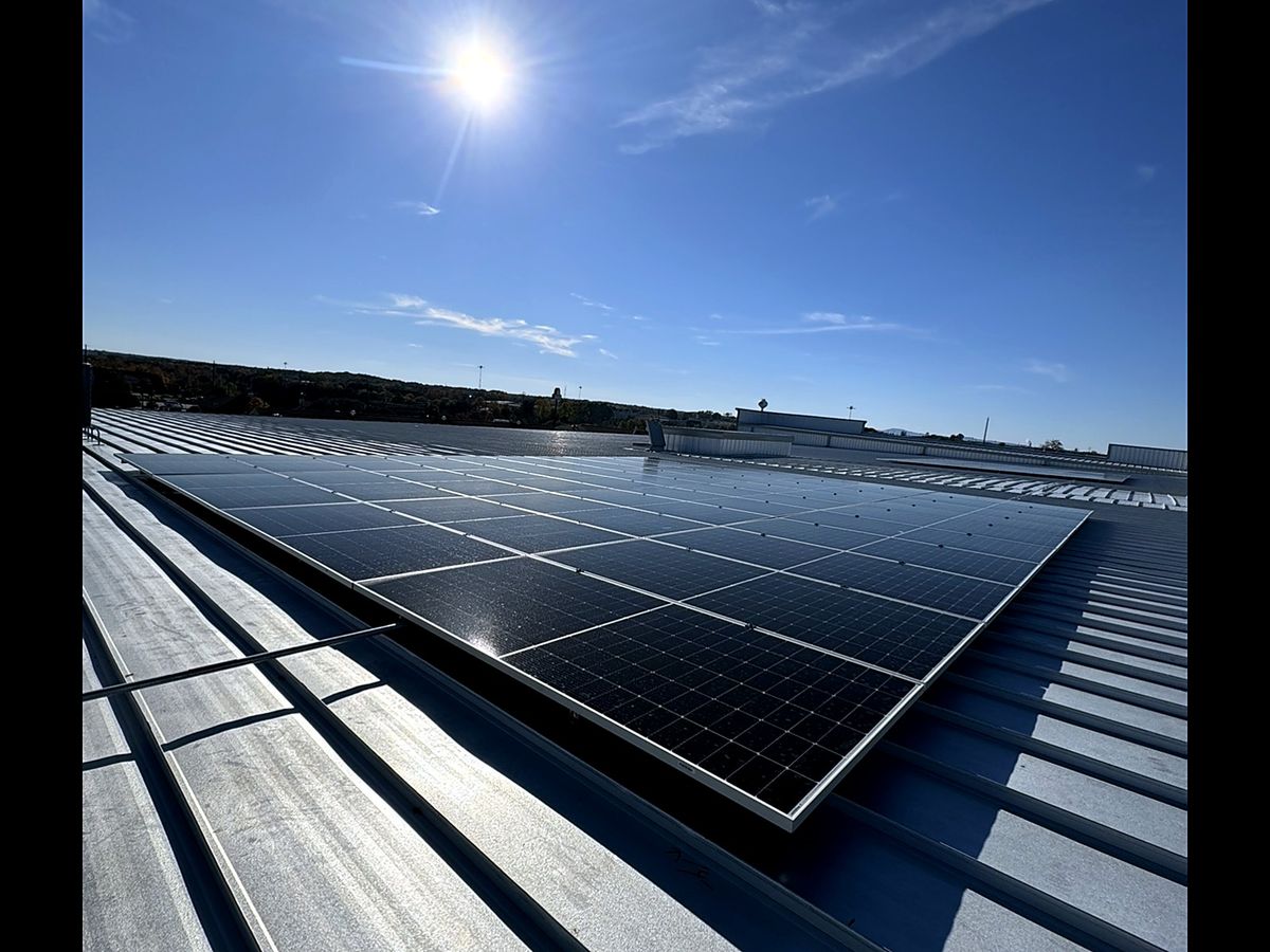 Solar panels on a standing-seam metal roof at sunrise
